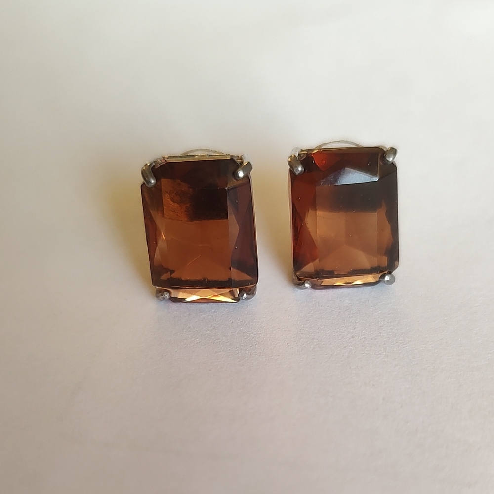 Sterling Silver Rectangular Brown Topaz  Stud Earrings